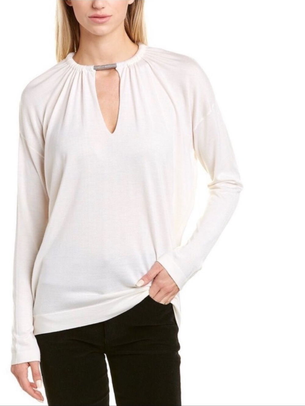 Brunello Cucinelli Cashmere Silk Keyhole Top | Taupe Neutral Luxury Knit